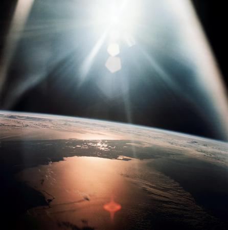The morning sun reflects on the Gulf of Mexico and the Atlantic Ocean as seen from the Apollo 7 spacecraft during its 134th revolution of the Earth on Oct. 20, 1968. Image Credit: NASA
